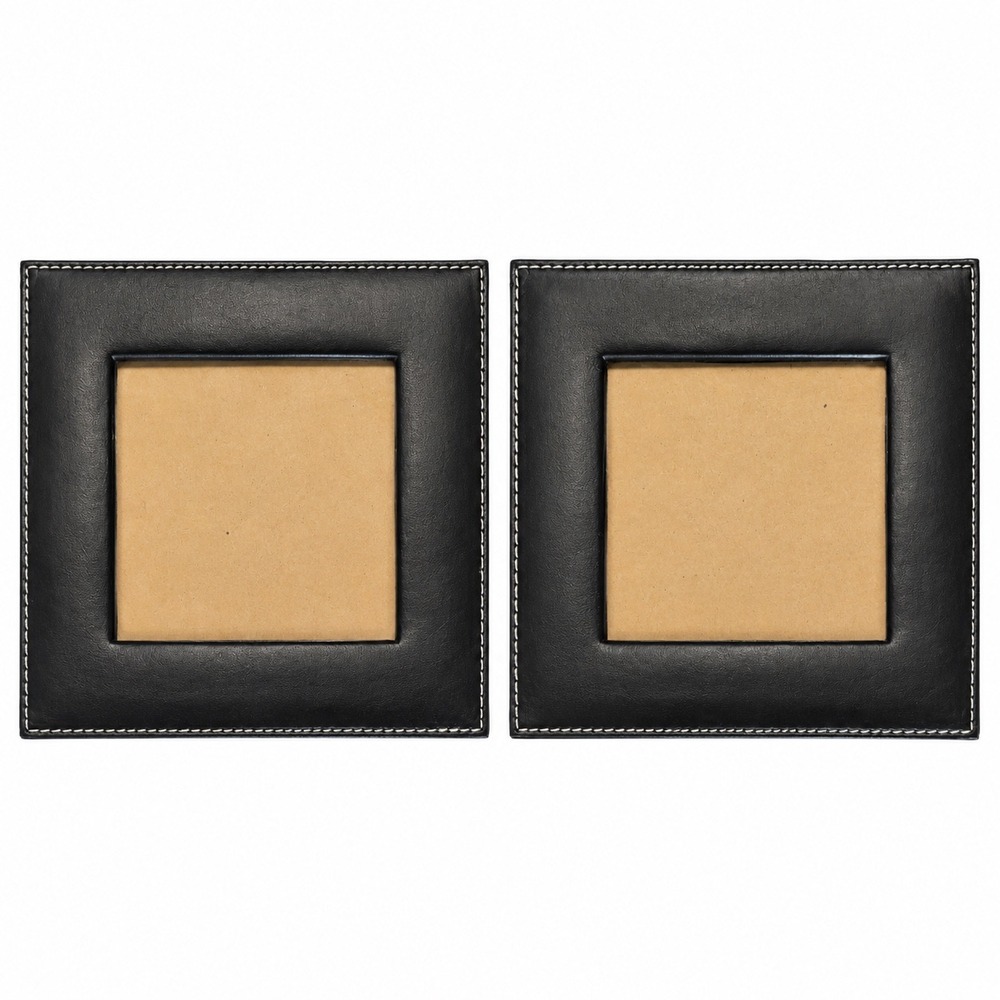 Set of 2 Black Faux Leather Picture Frames White Contrast Stitching Tabletop